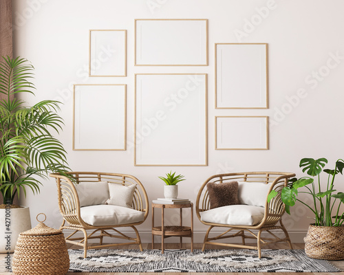farmhouse interior living room, gallery wall frame mockup in white room with wooden furniture and lots of  green plants, 3d render