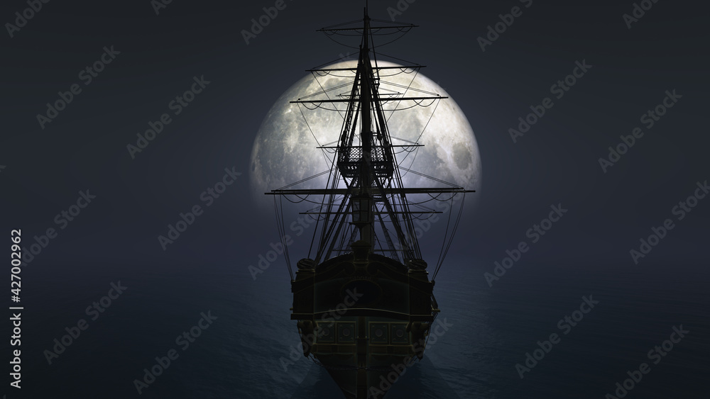 Naklejka premium old ship in sea full moon illustration