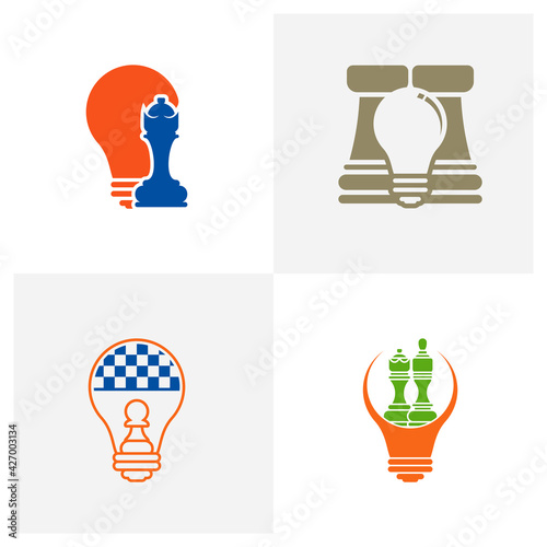 Set of Bulb Chess logo design vector illustration, Creative Chess logo design concept template, symbols icons