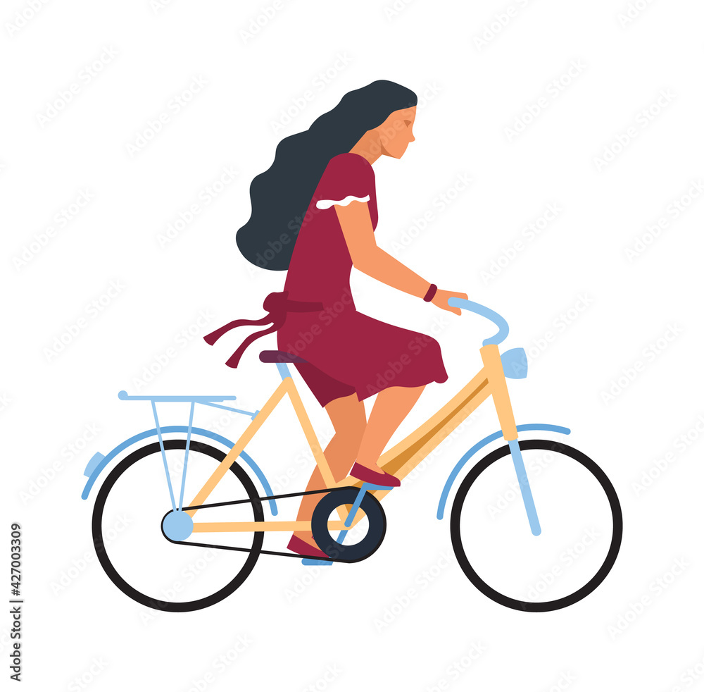 Woman on bike. Cartoon female character riding on bicycle. Profile view of  young cute cyclist. Girl traveling around city on cycle and biking in park.  Vector summer outdoor activity Stock Vector |