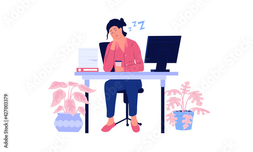 Tired woman. Stressed and burn out worker sleeps sitting at table. Overwhelmed office employee. Asleep female character procrastinating in workplace. Vector napping overworked person