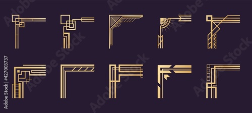 Art deco corners. Geometric vintage golden borders. Luxury frame template elements. Decorative filigree vignette set. Gold lines and square shapes. Vector calligraphic framework mockup