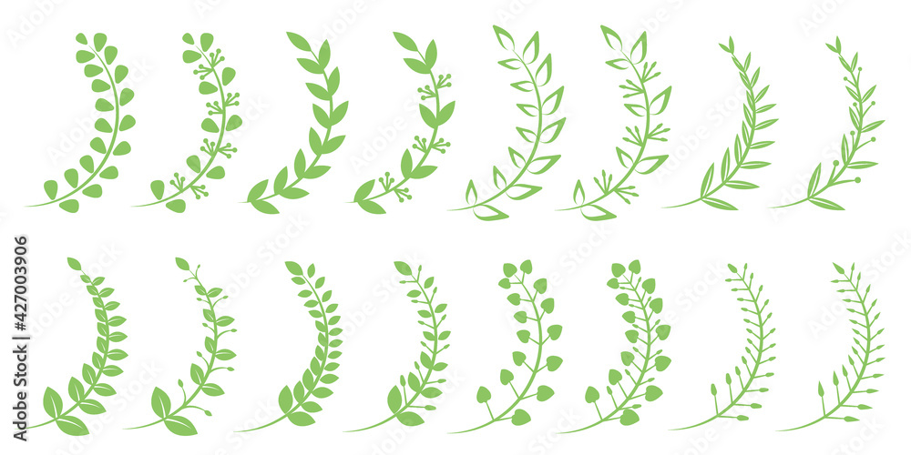 Set of round leaves elements illustration. green leaves illustration for design. Vector illustration. リーフイラストセット、ナチュラルリーフイラスト、装飾、デザイン素材