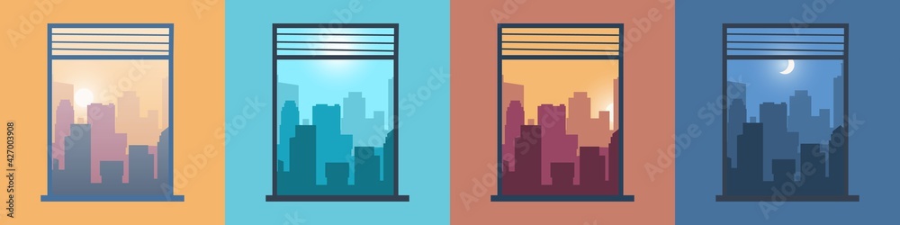 Landscape in window. City view from home. Morning or evening cityscapes set. Scenery at different day times. Silhouettes of buildings illuminated by sun and moon. Vector downtown panorama Landscape in window. City view from home. Morning or evening cityscapes set. Scenery at different day times. Silhouettes of buildings illuminated by sun and moon. Vector downtown panorama