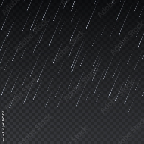 Realistic rain. Rainy texture on transparent background. Downpour effect. Natural streams of pure water. Falling raindrops from sky. Stormy autumn weather. Vector wet climate mockup