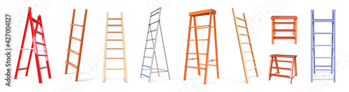 Ladder construction. Realistic wooden and metal staircase equipment, 3D stepladder collection. Isolated vertical tools for climbing. Repairs instruments with steps. Vector stairways set photo