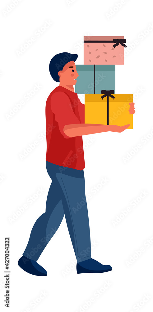 Man holding gift box. Cartoon character carries wrapped containers with ribbons. Isolated male makes holiday shopping. Give and take presents. Vector celebrate Christmas or birthday Man holding gift box. Cartoon character carries wrapped containers with ribbons. Isolated male makes holiday shopping. Give and take presents. Vector celebrate Christmas or birthday