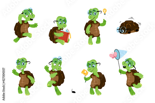 Cartoon turtle. Green child tortoise. Baby marine animal character with different poses and emotions. Funny reptile with carapace wears glasses. Vector aquatic terrapin activities set