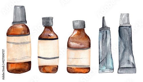 Horizontal set of glass brown bottles and tubes of cosmetic cream hand drawn watercolor on a white background. Clip-art beauty bottles.