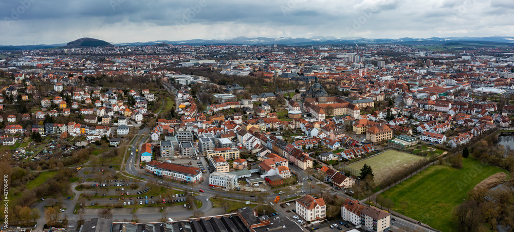 Aerial view of the city Fulda in Germany, Hesse on a cloudy day in early spring.