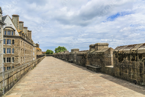 The ramparts of the walled city of Saint Malo. Saint-Malo is a walled port city in Brittany on English Channel, Emerald Coast, Ille et Vilaine, France.