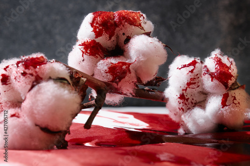 Slave labor, sybol of institutionalized racism and slavery concept with cotton plant covered in blood