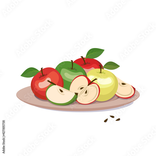 Set of red and green apples on a plate. Whole fruit with leaf, halves and wedges with seeds. A source of vitamins. Food for a healthy diet. Sweet fresh snack. Vector flat illustration