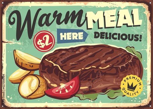 Restaurant menu board advertisement with juicy steak, fried potatoes and tomato slice. Food poster design. Warm meal retro vector tin sign for diner or fast food restaurant.
