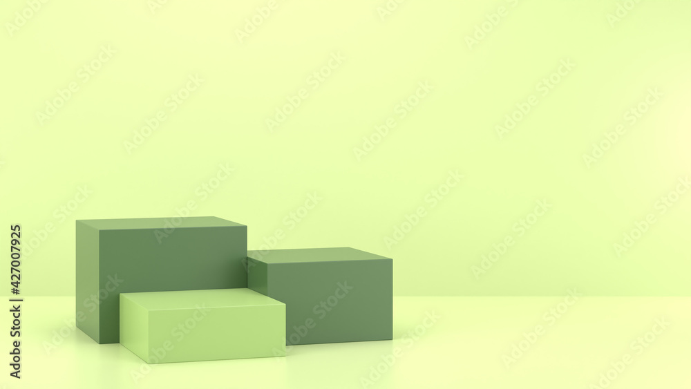 Minimal podium realistic mockup display cosmetic product presentation cube empty stage in soft green background 3D render illustration Minimal podium realistic mockup display cosmetic product presentation cube empty stage in soft green background 3D render illustration