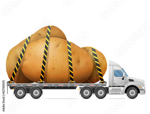 Road transportation of ripe potato tubers. Delivery of raw potato heap in back of truck. Vector illustration about spud, agriculture, vegetables, transportation, gastronomy, trucking, etc