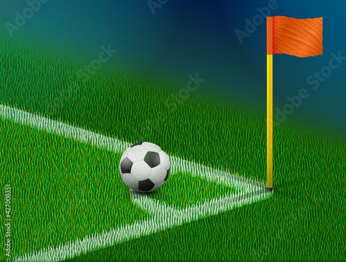 Corner of soccer pitch with ball and flag. Part of football field for corner kick. Vector illustration for soccer, sport game, championship, gameplay, etc