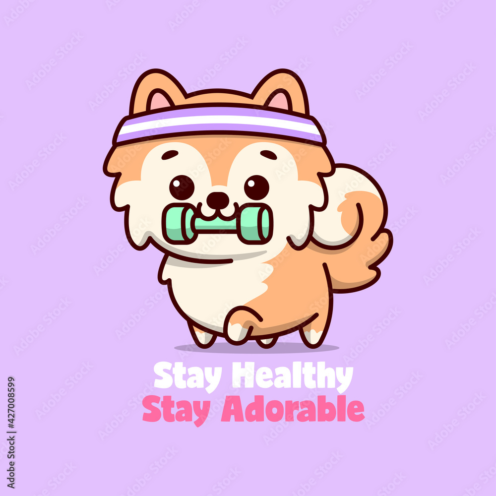 CUTE BROWN PUPPY BITES A DUMBBELL CARTOON ILLUSTRATION