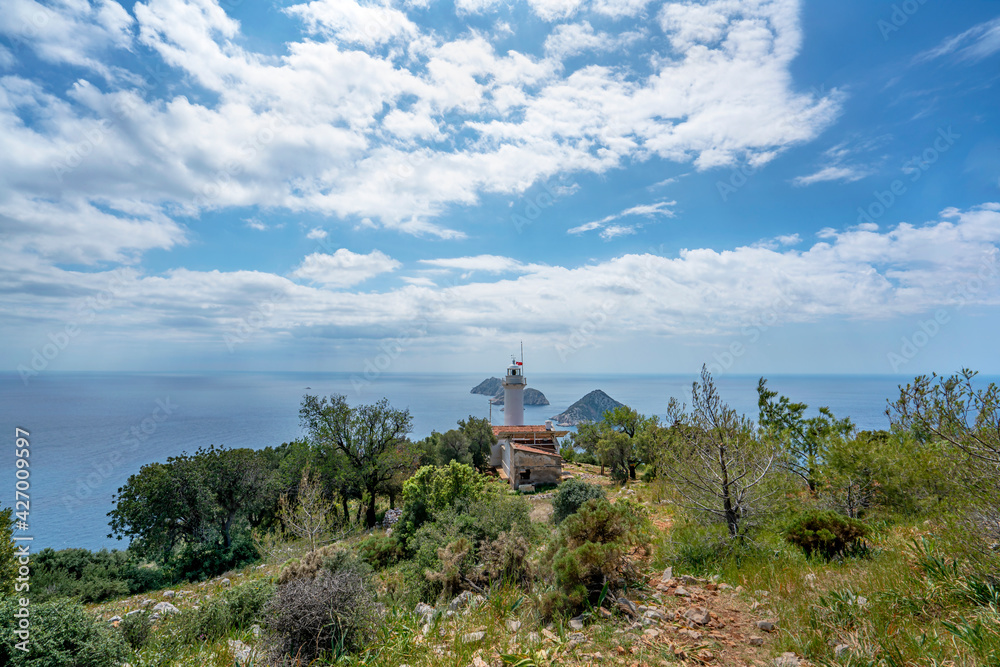 Scenic view of Gelidonya Lighthouse, located on the historical Lycian Way in Taşlık Cape of Kumluca, Antalya, is one of the highest lighthouses in Turkey’s coast. 