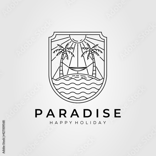 paradise beach, summer, resort, hammock line art logo template vector illustration design