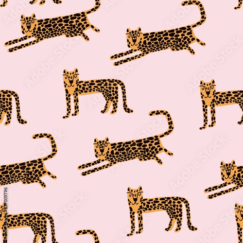 Leopard seamless pattern. Wild animal leopard print. Cartoon funny gepard.