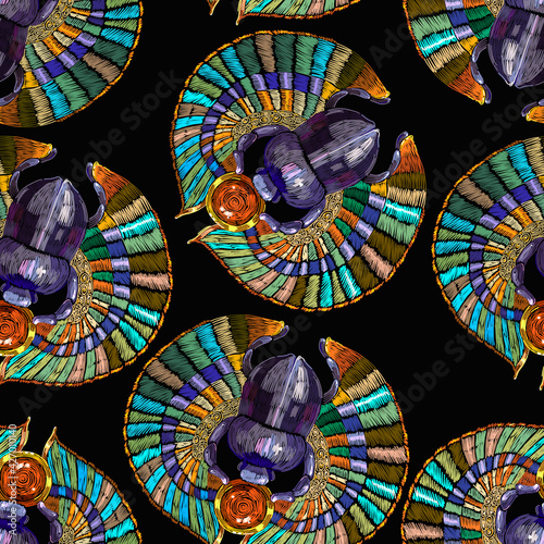 Egyptian scarab. Embroidery antique jewelry. Fashion seamless pattern. Gold bug. Ancient Egypt art. Template for clothes, t-shirt design