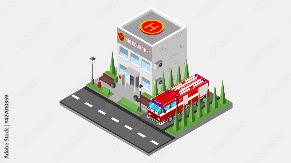 A modern fire station building in an isometric projection. A fire truck is parked near the fire department. Vector illustration.