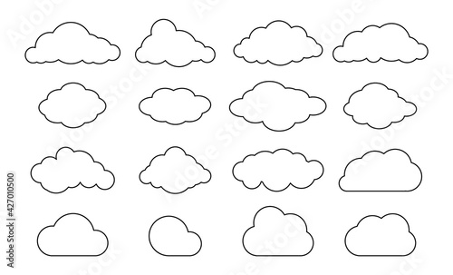 Outline clouds. Line cloud shape set. Vector black sky pictogram.