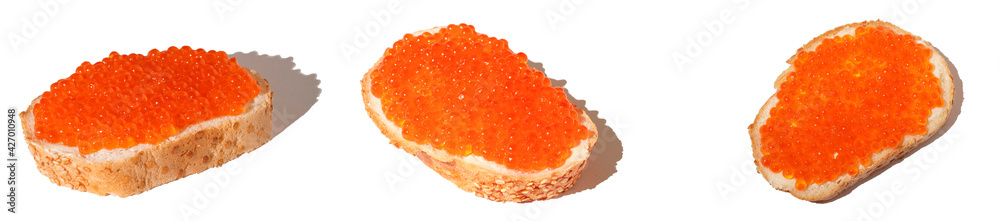 Sandwich With Red red salmon fish Caviar Isolated On White Background Sandwich With Red red salmon fish Caviar Isolated On White Background