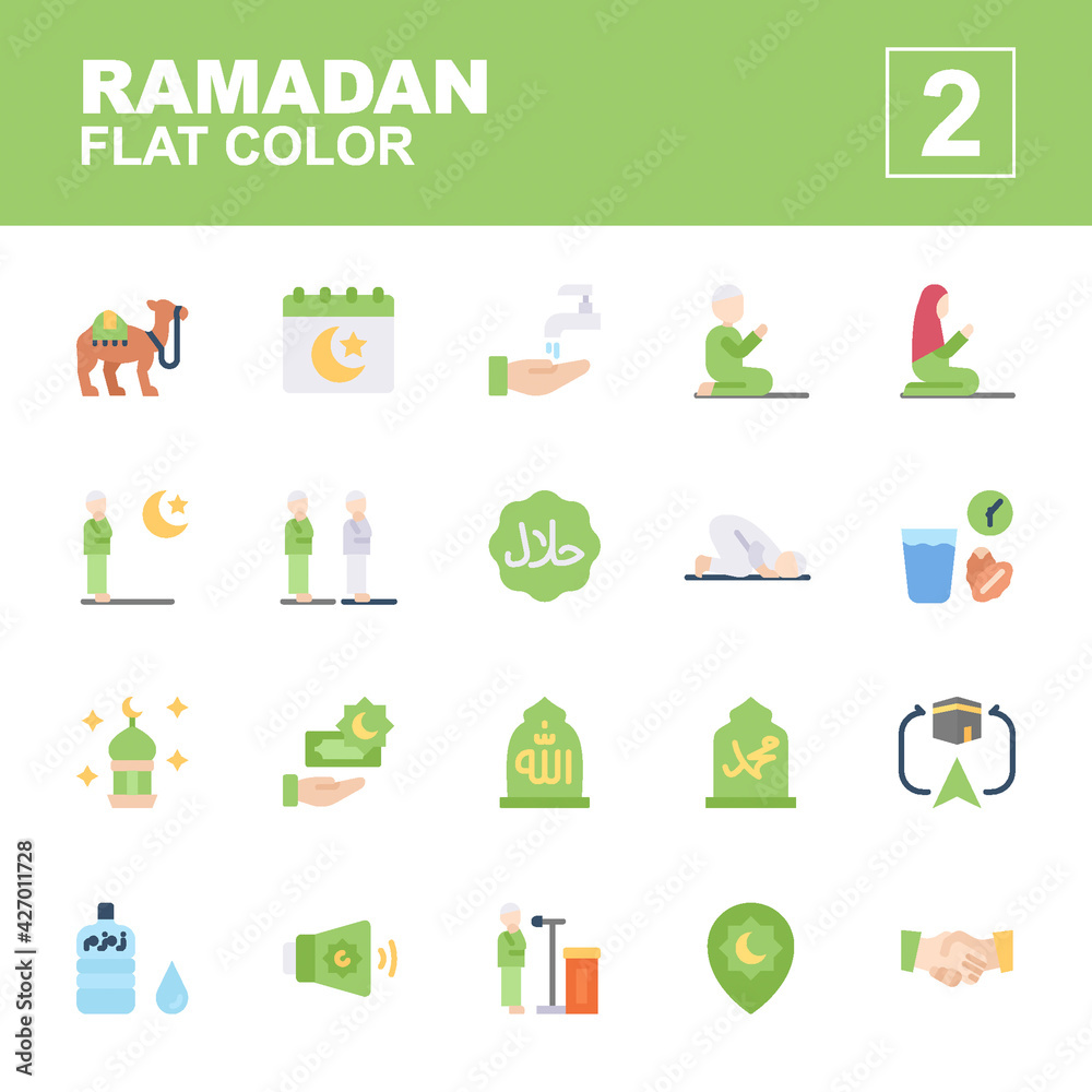 Icon set Ramadan made with flat color technique, contains a camel, ramadan day, salat, iftar, prayer, halal, qiblat, zam-zam, adzan, allowance, sujud and more. You can be used for web, mobile and ui. Icon set Ramadan made with flat color technique, contains a camel, ramadan day, salat, iftar, prayer, halal, qiblat, zam-zam, adzan, allowance, sujud and more. You can be used for web, mobile and ui.