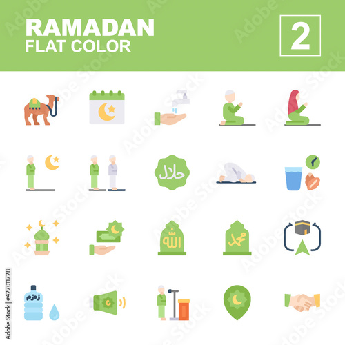 Icon set Ramadan made with flat color technique, contains a camel, ramadan day, salat, iftar, prayer, halal, qiblat, zam-zam, adzan, allowance, sujud and more. You can be used for web, mobile and ui.