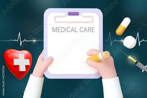 Cartoon character Doctor hands holding medical Chart. 3d render