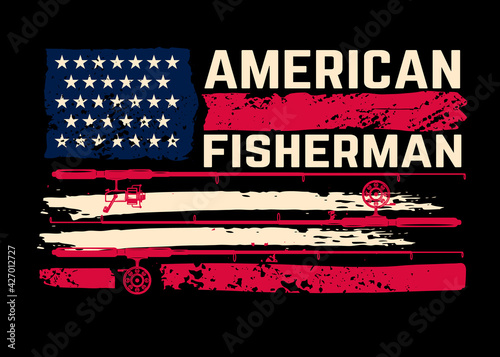 American fisherman. American flag with fishing rods. Design element for poster, card, banner, t shirt. Vector illustration