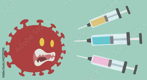 Big Virus and syringe of covid 19 vaccine