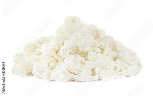 Cottage cheese isolated on white background closeup. Diary Products with high protein