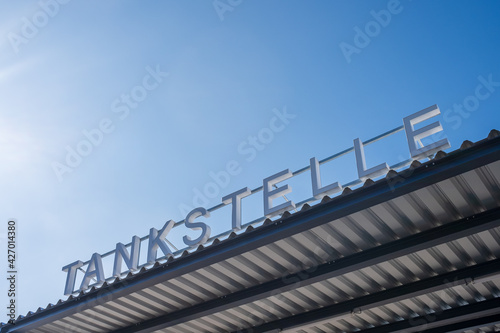 Tankstelle sign on a Roof of a gas station in Germany 