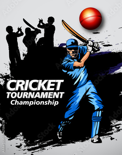 vector Illustration of cricket player ,Creative poster or banner design with background for Cricket Championship poster with illustration of batsman and bowler playing cricket championship 
