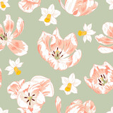 Pink tulips and daffodils, spring flowers, seamless