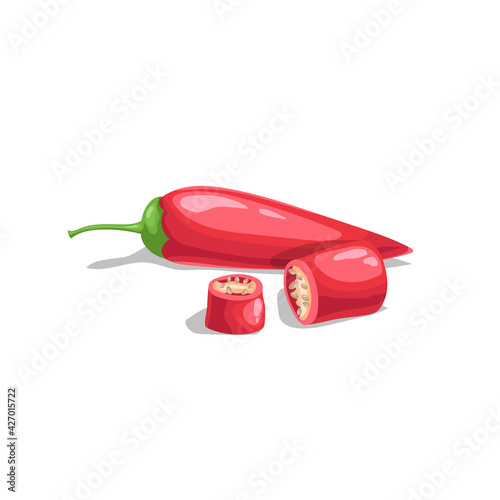Hot red chili peppers. Hot burning vegetable. Flat cartoon design style. Group jalapeno peppers with cuts. Vector illustration isolated on white background.