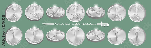 3d set of volumetric coins with ribbed edge. Platinum riyal with the coat of arms of the Kingdom of Saudi Arabia. Obverse and reverse, bright radiant highlights