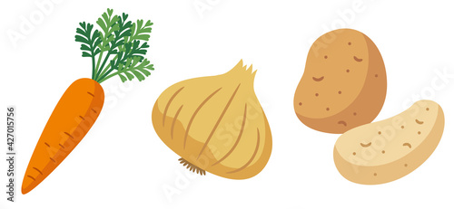 にんじんと玉ねぎとじゃがいもの根菜類野菜セットのイラスト素材
