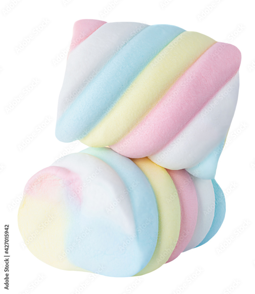 Big and twisted marshmallow candy isolated over white background. Soft and pastel colored zephyr, marshmallow macro image. Big and twisted marshmallow candy isolated over white background. Soft and pastel colored zephyr, marshmallow macro image.