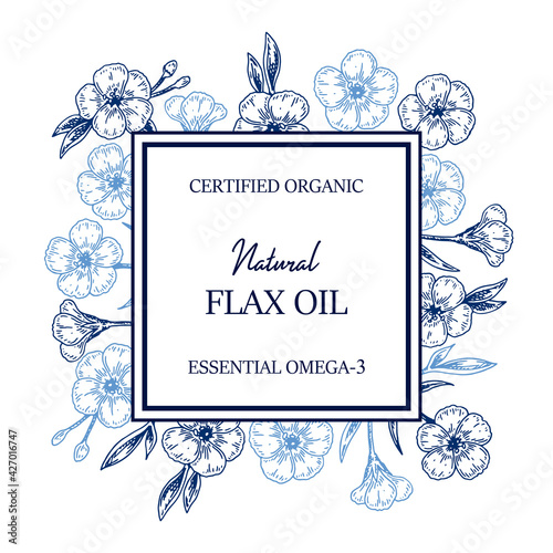 Hand drawn flax frame. Vector illustration in sketch style for linen seeds and oil packaging