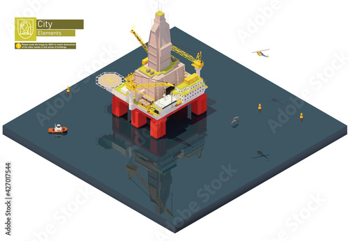 Vector isometric offshore drilling rig or oil platform. Oil well drilling, exploration, extraction of petroleum and natural gas