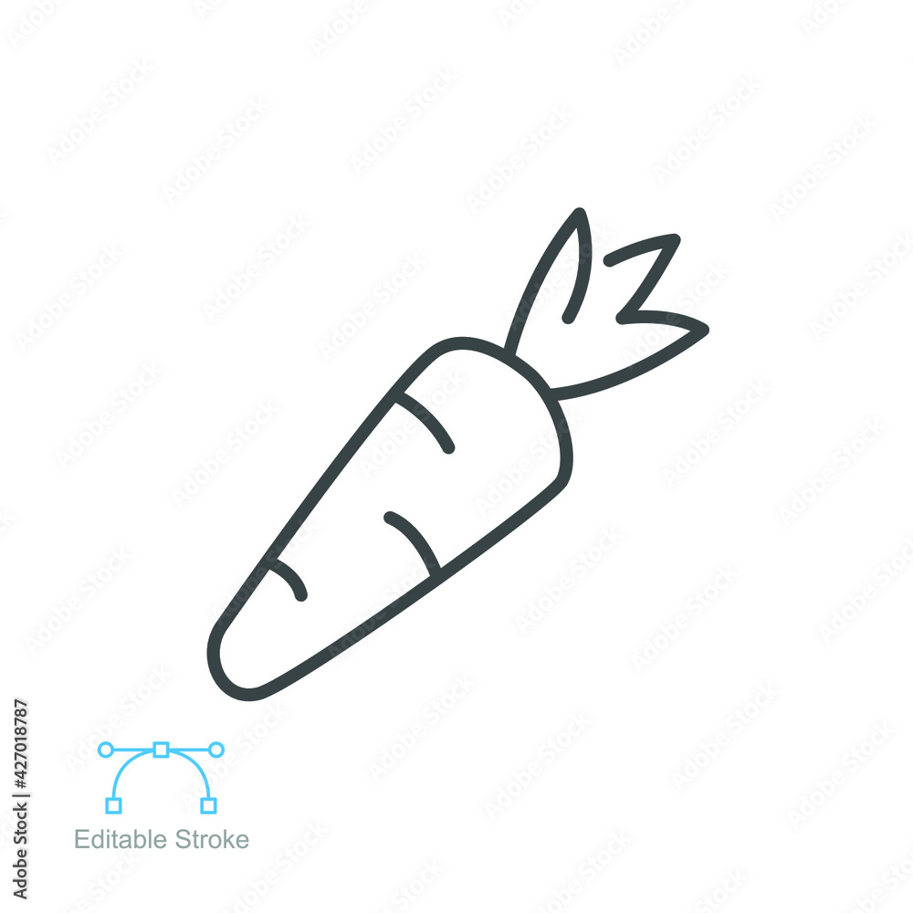 Carrot icon. Organic vegetable and food Product from garden. For diets, cooking breakfast, lunch, dinner, salads. Outline style Editable stroke. Vector illustration. Design on white background. EPS 10 Carrot icon. Organic vegetable and food Product from garden. For diets, cooking breakfast, lunch, dinner, salads. Outline style Editable stroke. Vector illustration. Design on white background. EPS 10