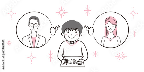 手書き線画イラスト　名前を書きながら両親のことを思い出す男の子