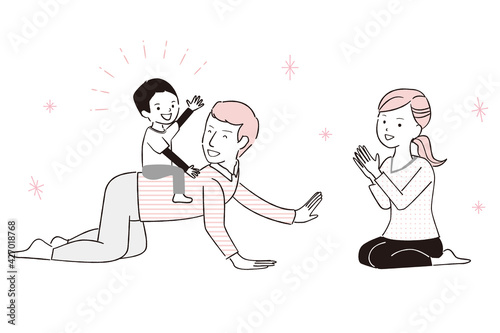 手書き線画イラスト　幸せ親子　背中に乗せてお馬さんごっこ