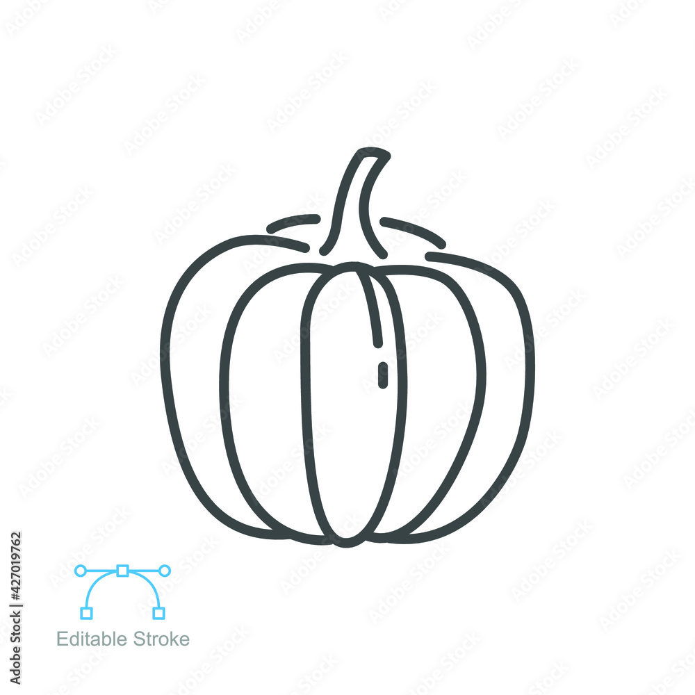 Pumpkin icon, Harvest fruit and vegetables. Squash sign for apps and websites. Editable stroke. Outline style Vector illustration. Design on white background. EPS 10 Pumpkin icon, Harvest fruit and vegetables. Squash sign for apps and websites. Editable stroke. Outline style Vector illustration. Design on white background. EPS 10