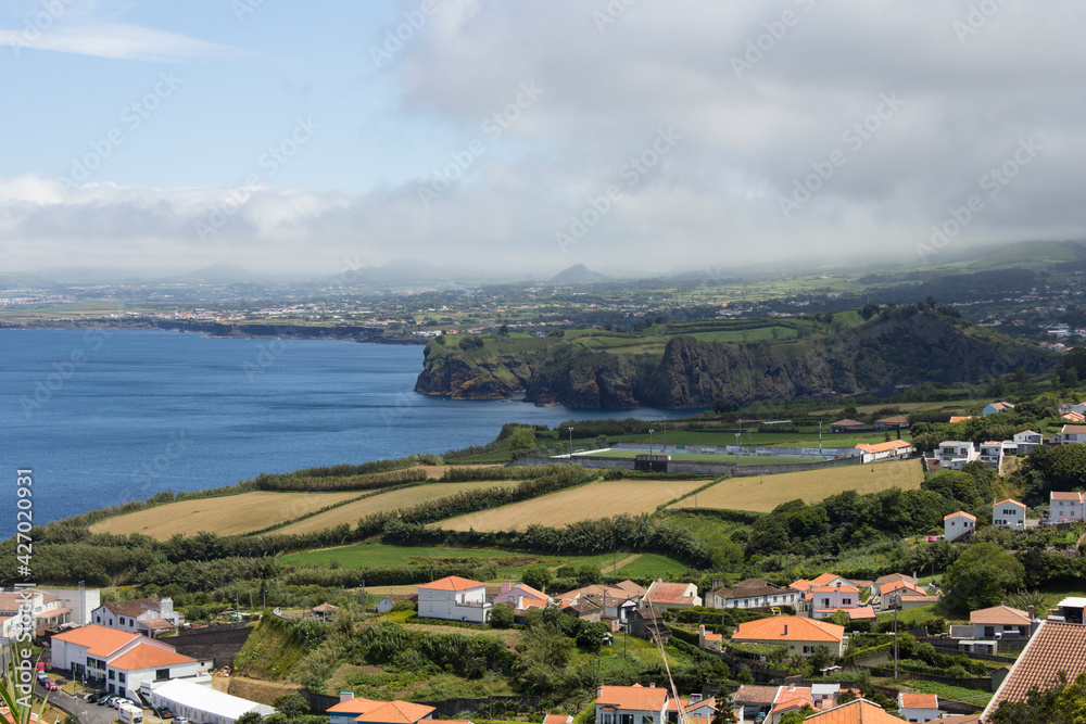 Sao Miguel island's agricultural fields and sea.