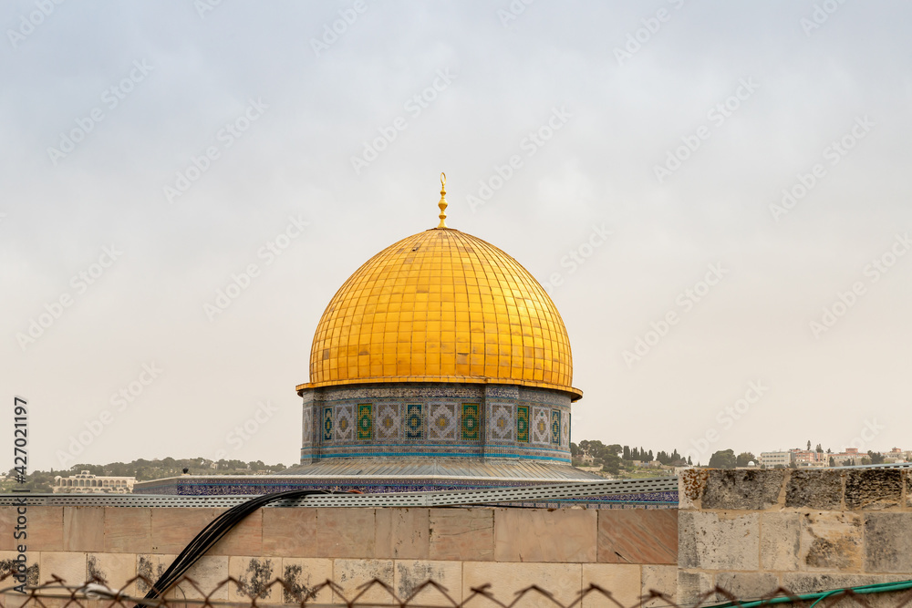 View of the  Dome of the Rock mosque from the roof of the Madrasah are on the Temple Mount in the Old Town of Jerusalem in Israel